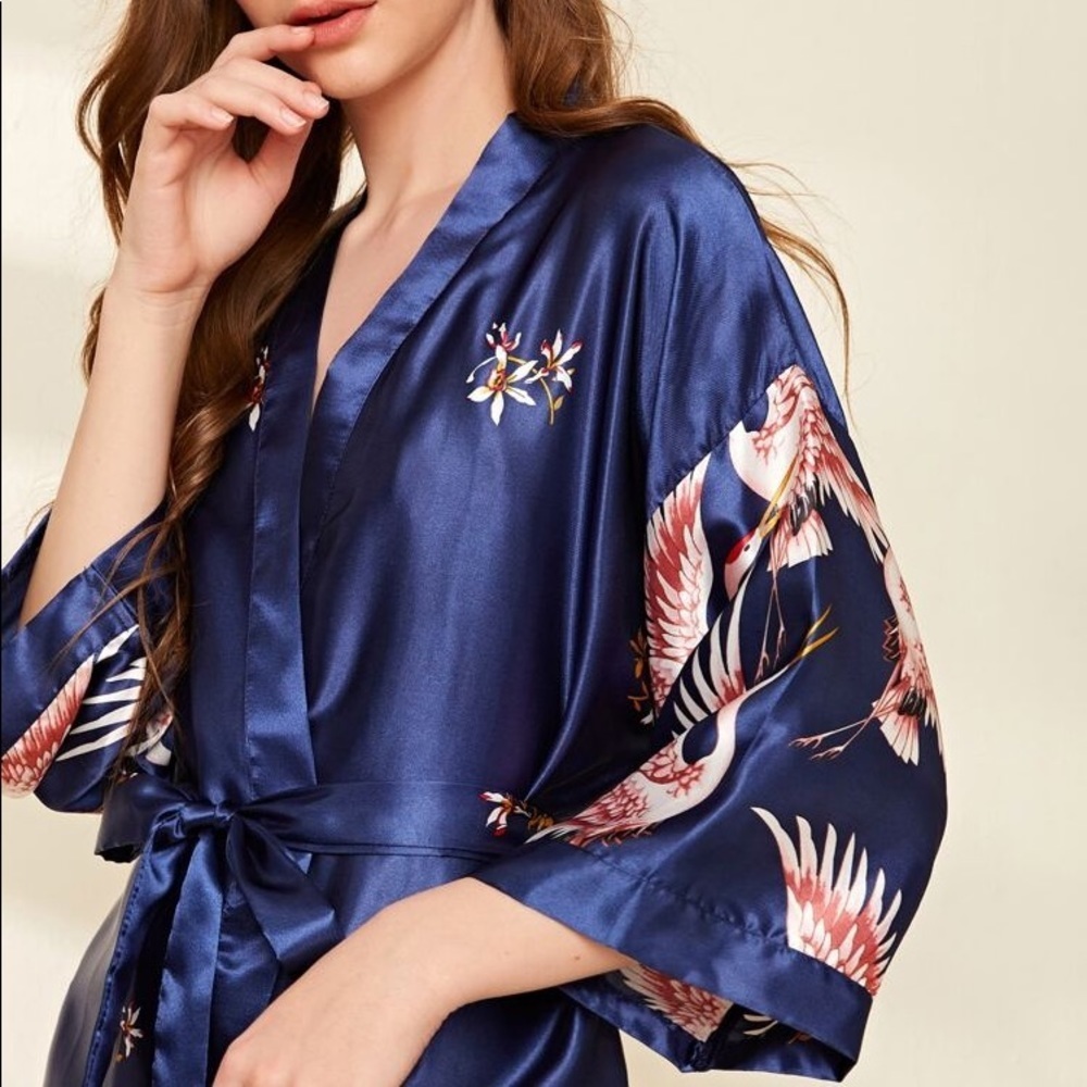 New Navy Blue Satin Silk-Like Kimono Robe - Picture 4 of 5
